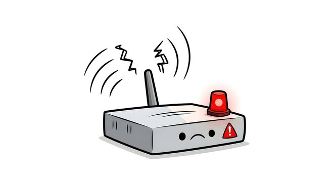 Sad broken wireless router with red alert light and antenna signals	