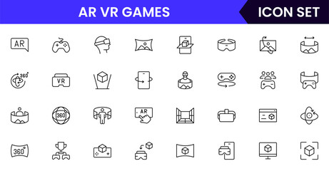 Vector line icon collection featuring AR, VR, and gaming elements like headsets, controllers, avatars, and environments perfect for immersive tech platforms.