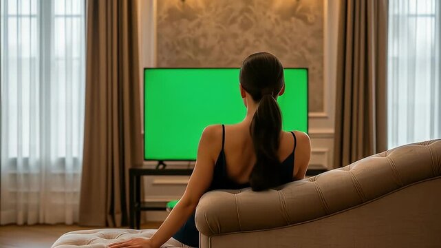 Woman Using Remote on Green Screen TV Mockup in Luxury Living Room
