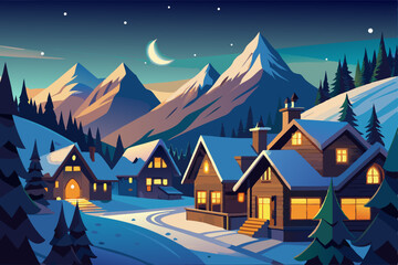 cozy mountain village at night with twinkling wind 