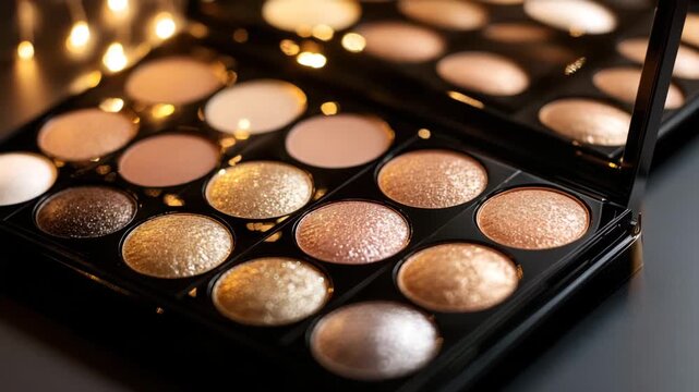 Eyeshadow palette featuring warm brown, gold, and beige shimmer and glitter shades for glamorous makeup looks with elegant, soft light reflecting cosmetic tones in compact case