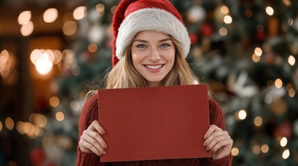 Festive Christmas mockup featuring a woman holding a customizable sign for your message or greeting. Ideal for holiday promotions, cards, and creative marketing campaigns.