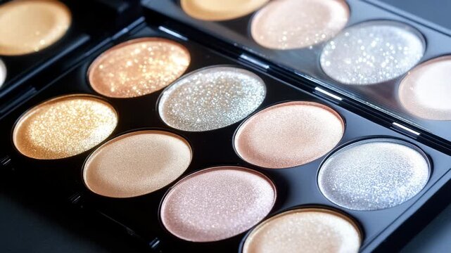 Shimmering eyeshadow palette featuring metallic gold, silver, and champagne shades sleek black case for glamorous makeup looks and creative beauty expression with cosmetic shimmer and metallic tones