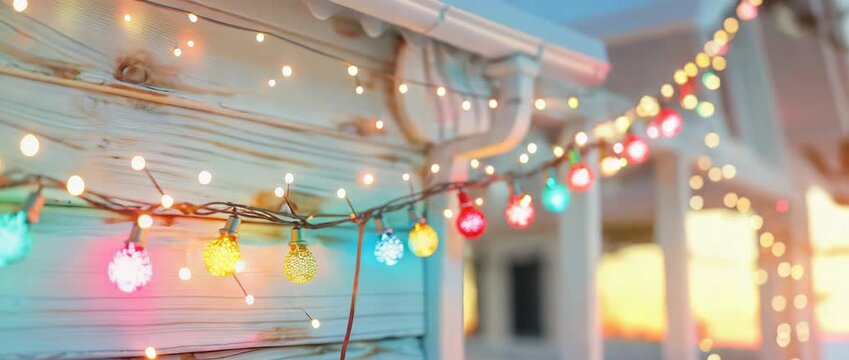 A captivating scene featuring colorful string lights illuminating a rustic wooden surface, creating a warm and inviting atmosphere ideal for celebrations and cozy gatherings.
