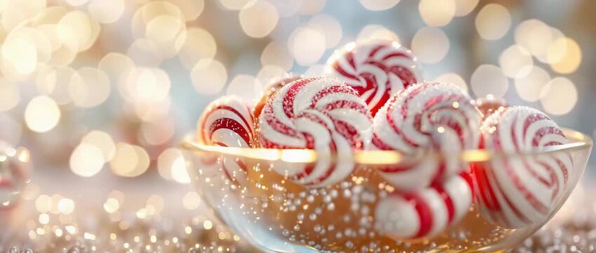 A stunning display of colorful peppermint candies in a glass bowl, set against a softly blurred background of bokeh lights, perfect for festive occasions and culinary delights.