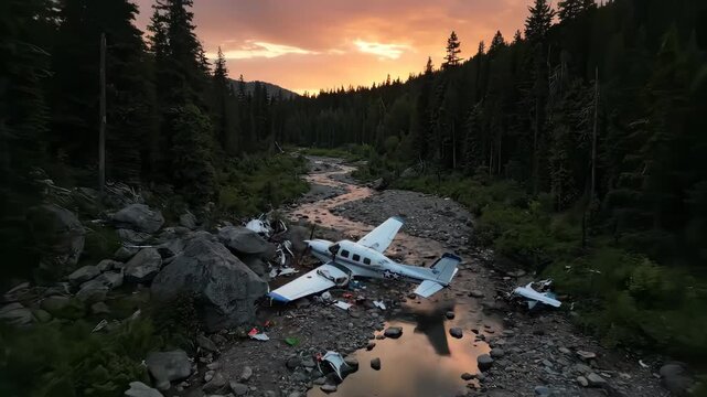 Small aircraft crash in rocky riverbed with debris and damaged fuselage in dense forest setting
