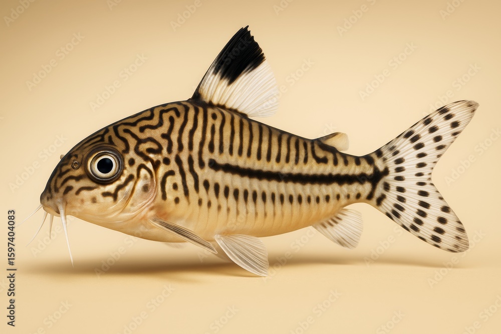 Poster striped and spotted tropical fish with intricate patterns isolated on light beige background in hype
