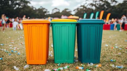 Three colorful trash bins (orange, green, blue) stand on grass amid scattered litter at an outdoor event with blurred people and banners in the background.