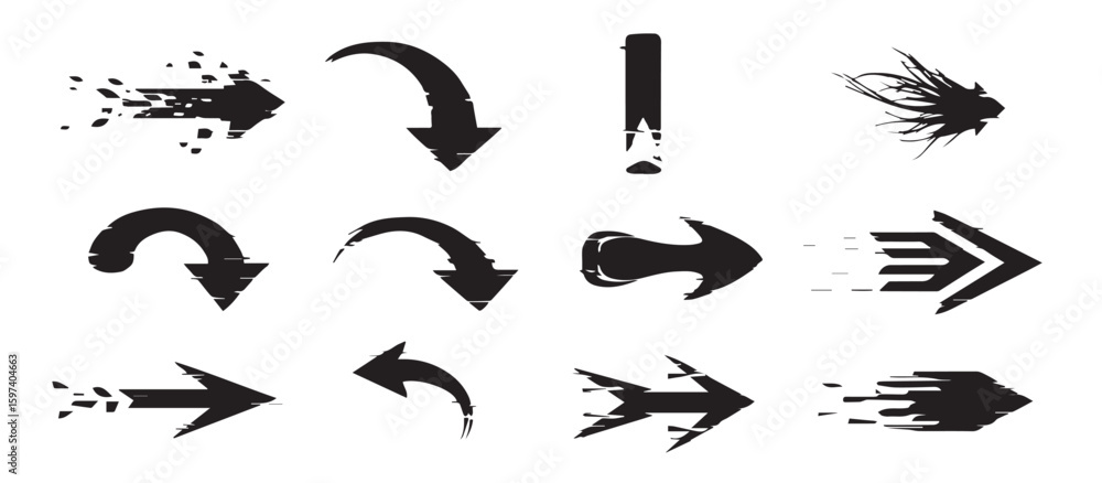 Poster set of twelve vector arrow illustrations with grunge effect isolated on white background