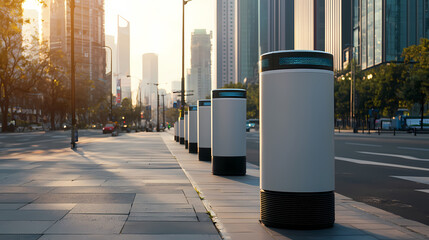 Urban street scene with modern skyscrapers, clean sidewalk, and high-tech cylindrical bollards during sunset.