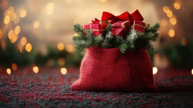Christmas gift box with red ribbon red sack and pine branch with snow colorful carpet featuring warm bokeh lights festive holiday celebration and red burlap sack filled with wrapped gift boxes