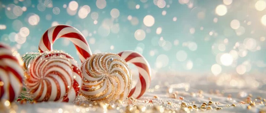 Close-up of colorful candy canes arranged on a sparkling background, evoking a festive atmosphere perfect for holiday celebrations and sweet treats.