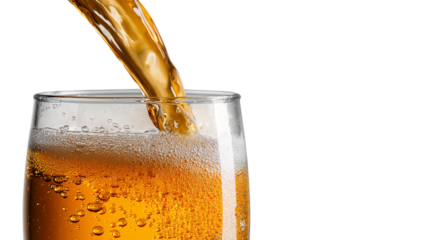 Amber Liquid Pouring into Glass with Bubbles and Foam