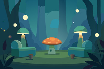 fairy forest living room with mushroom stools  