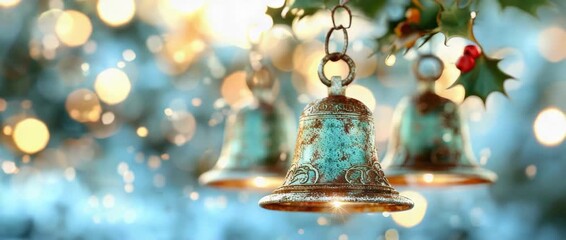 A charming image featuring vintage Christmas bells adorned with holly, set against a soft bokeh background. Perfect for holiday themes and festive projects.