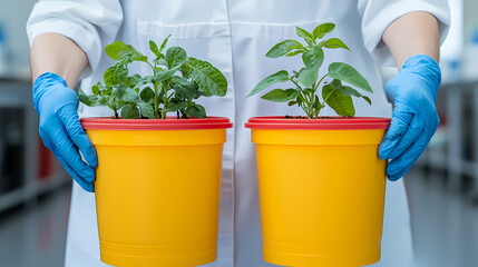 A person wearing blue gloves holds two yellow pots with healthy green plants indoors, suggesting plant care or scientific research.