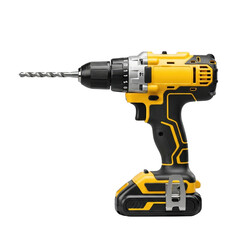 Cordless drill with battery pack yellow and black isolated on transparent background