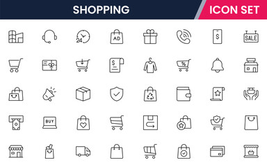 Shopping-themed vector line icon collection featuring carts, bags, stores, sales tags, delivery, payments, and e-commerce elements in a minimal style.