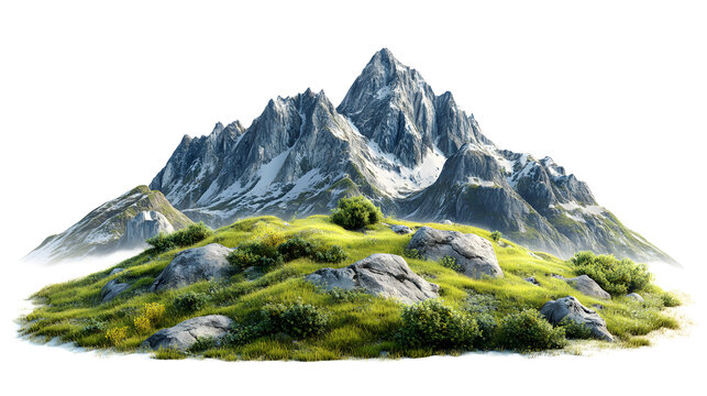 Majestic snow capped mountain range with lush green foothills and a single tree isolated on transparent background