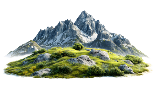 Majestic snow capped mountain range with lush green foothills and a single tree isolated on transparent background