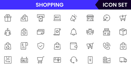 Shopping-themed vector line icon collection featuring carts, bags, stores, sales tags, delivery, payments, and e-commerce elements in a minimal style.