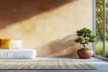 Zen yoga retreat interior with bonsai and warm sunlit textures, minimalist indoor sanctuary promoting climate-adaptive wellness and restorative calm in earthy biophilic design
