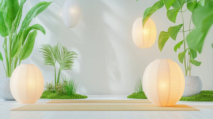 Zen yoga retreat interior with glowing lanterns and tropical greenery, minimalist eco wellness space supporting peaceful indoor balance and climate-adaptive holistic design

