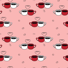 Hand-Drawn coffee date and love themed  seamless pattern, grunge, artistic, doodle, trendy style design