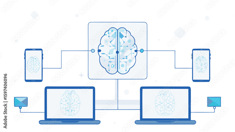 Poster illustration of a brain connected to laptops and phones in a network system design layout
