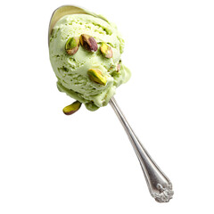 A close-up of a spoonful of pistachio ice cream garnished with nuts, set against a clean background