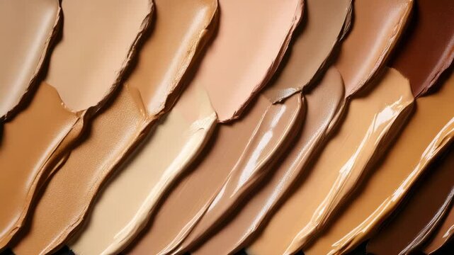 Various shades creamy foundation makeup swatched smooth strokes showcasing range skin tones creamy cosmetic texture beauty tone cream smooth swatch natural color palette glossy finish