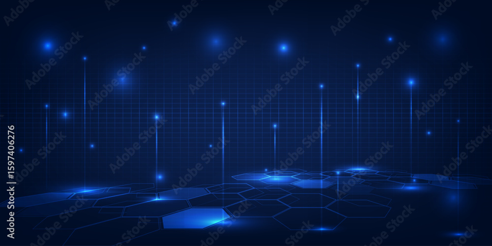 Poster Vector illustration of futuristic digital technology background with glowing dots floating on digital landscape and wave wireframe above for game graphic and advertising artwork.