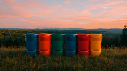 Six colorful barrels stand in a grassy field at sunset with a forest and rolling hills in the background.
