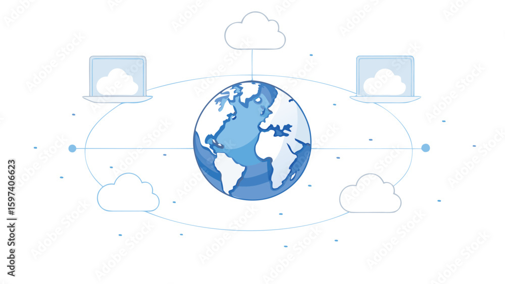 Poster illustration of a globe connected to laptops and clouds with a network around it all in blue