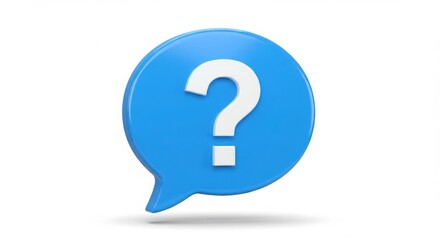 Blue speech bubble with a white question mark on a white background
