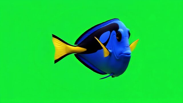 Regal Blue Tang Gliding Gracefully with Vibrant Yellow Tail | Isolated on Green Screen in 4K

