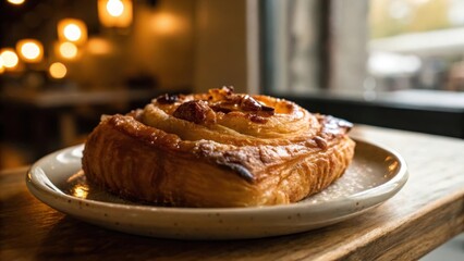 Delicious pastry on a plate with warm, inviting café ambiance in the background.