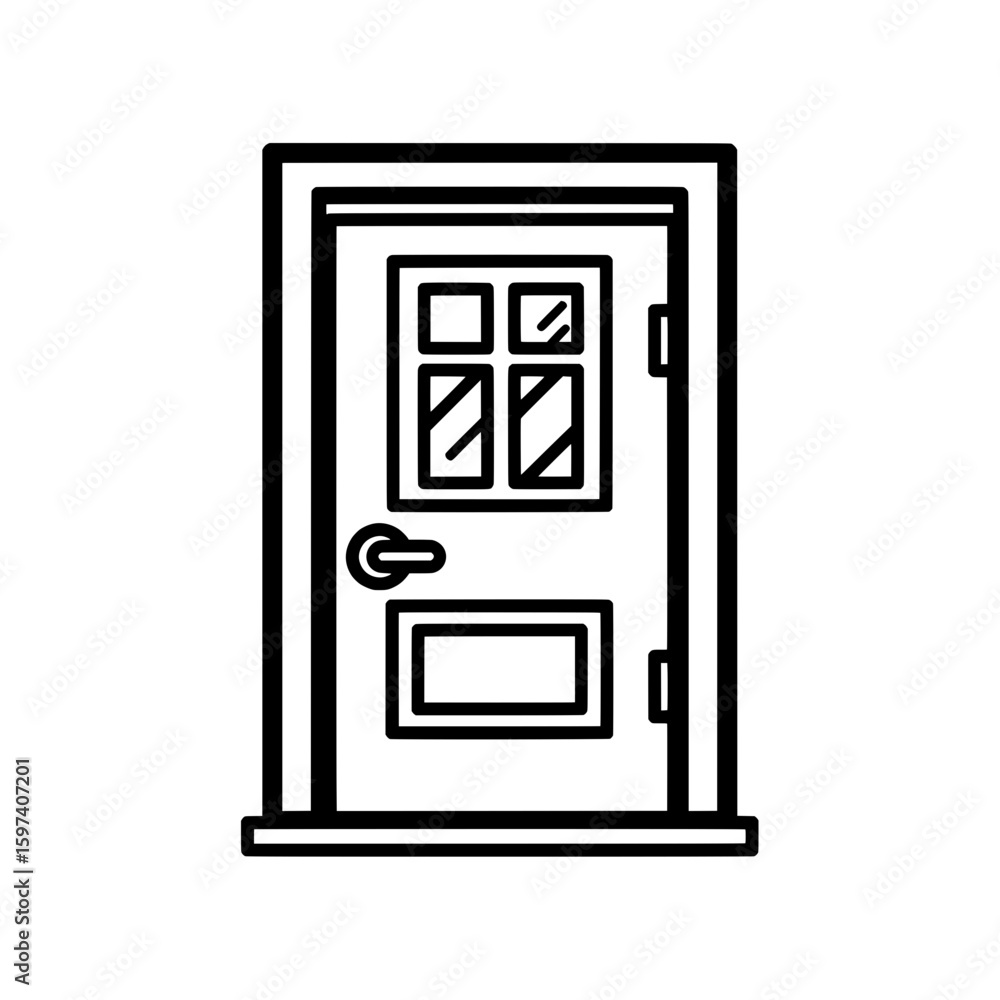 Poster minimalist door outline with window and handle for architectural design