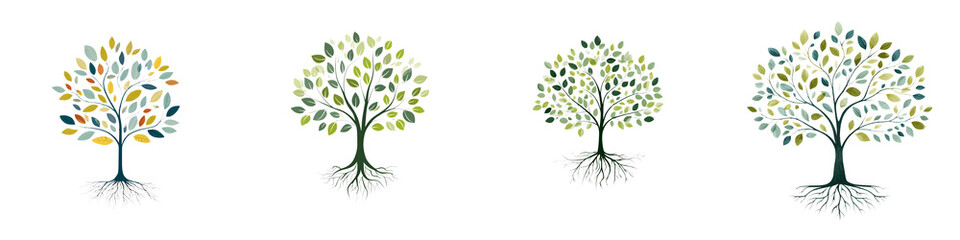 Fototapeta premium Abstract Tree Collection: Colorful Trees with Roots on White Background