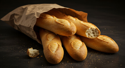 Freshly baked baguettes in a paper bag on a dark background, delectable food