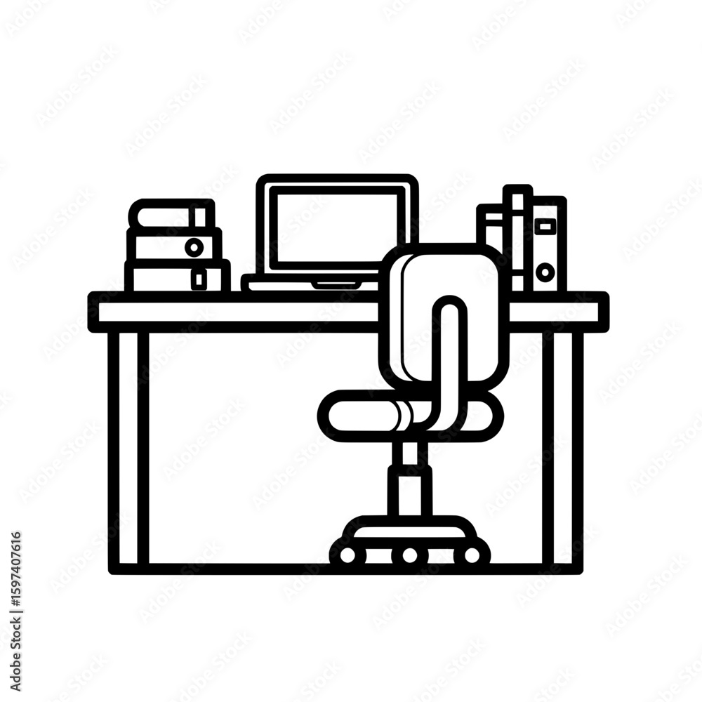 Poster office desk with computer and books in minimal outline style