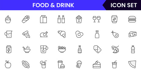 Food and drink vector line icons including utensils, plates, beverages, fruits, fast food, cooking tools, and restaurant elements.