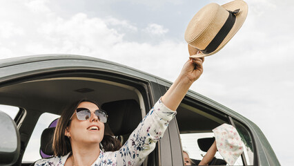 Family with child. Travel by car journey. Luggage sunshine weekend cheerful.