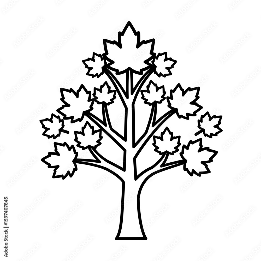 Poster outline maple tree with multiple leaves for botanical or nature themes