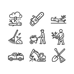 Debris removal and cleanup icons. Outline symbols. Line design