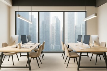 Fototapeta premium Modern empty office interior with minimalist furniture, large windows, natural light and contemporary decor in urban high-rise setting.