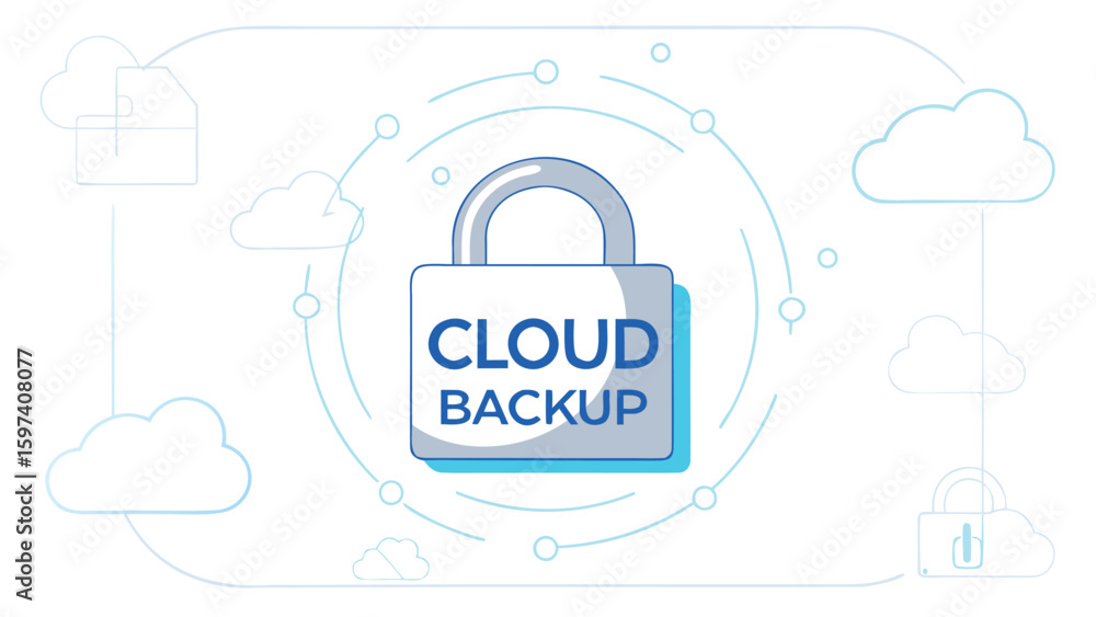 Poster illustration of cloud backup with padlock and cloud icons in a network environment design concept