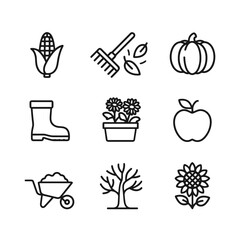 Seasonal autumn gardening vector icons set. Outline symbols. Line design