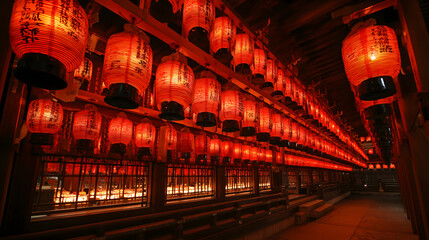 The iconic red lanterns of a Japanese shrine.	A close-up of rows of traditional red paper lanterns hanging at a Japanese shrine, creating a beautiful and cultural pattern.
