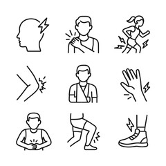 Athletic injury treatment vector icons. Outline symbols. Line design